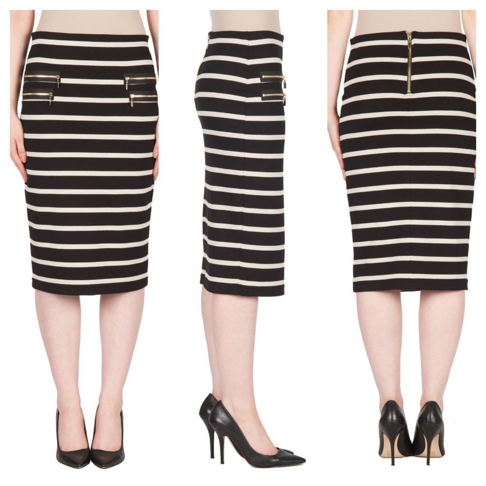 Joseph Ribkoff Black & White Striped Pencil Skirt Size 8 EUC